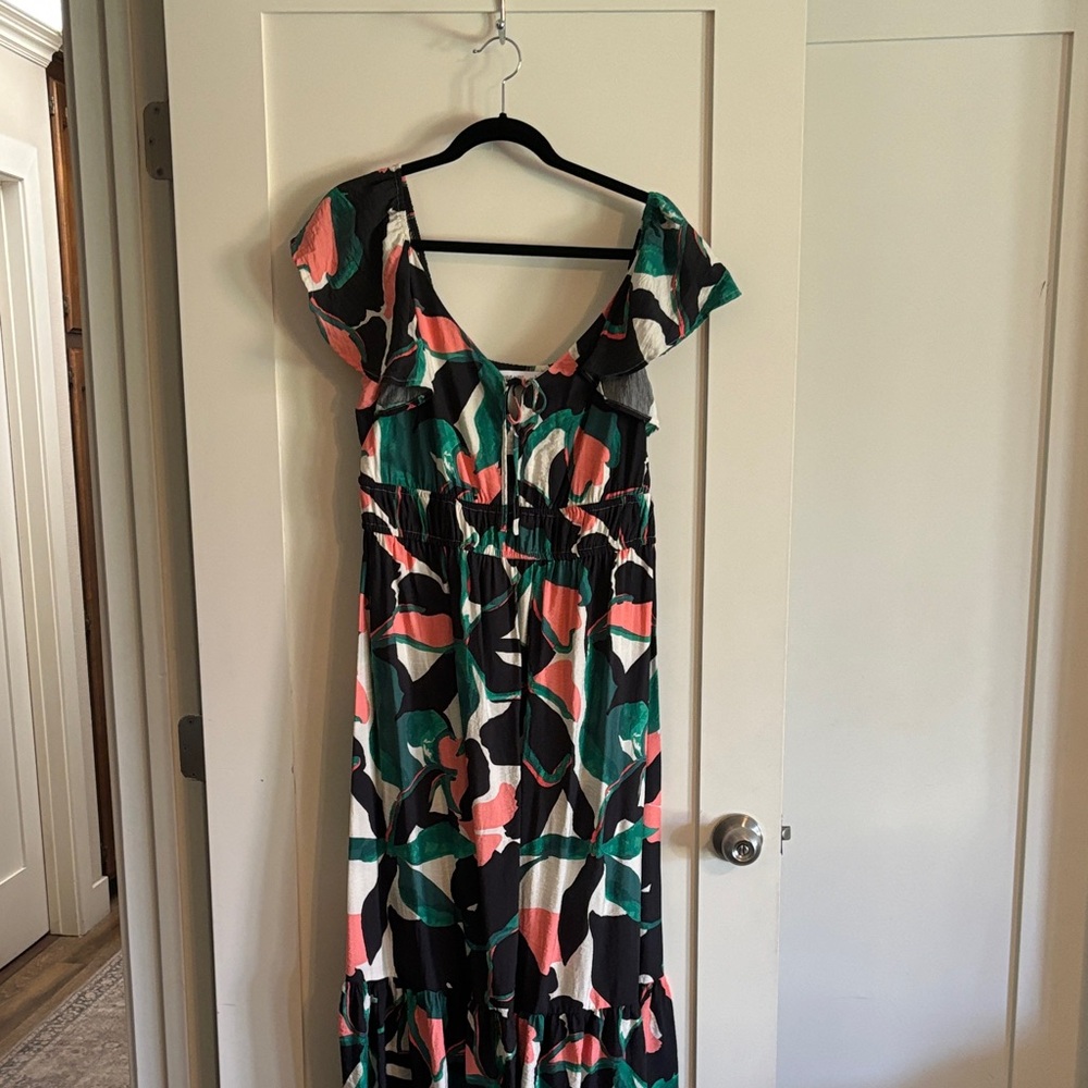 Flutter-Sleeve Maxi Dress in Black, Teal & Coral